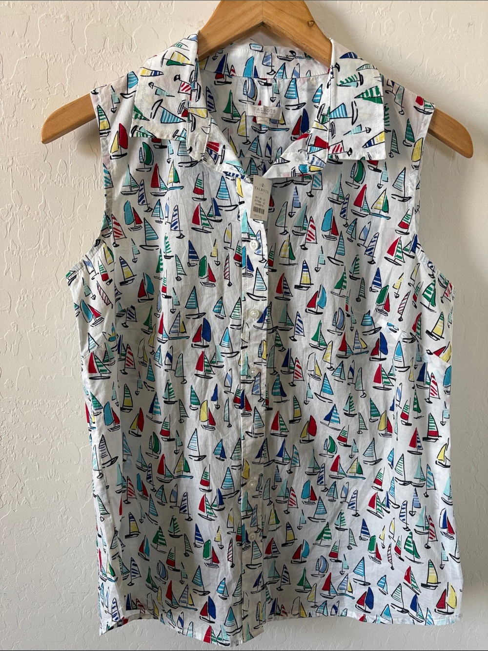 Talbots Petite Nautical Multi-Color Sailboat Cotton Button Down sz SP